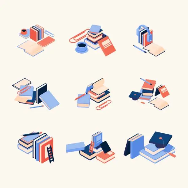 Vector illustration of Vector concept compositions with books, coffee and pens, good for decorating educative websites, school and courses web pages. Vector isometric collection in vivid colors