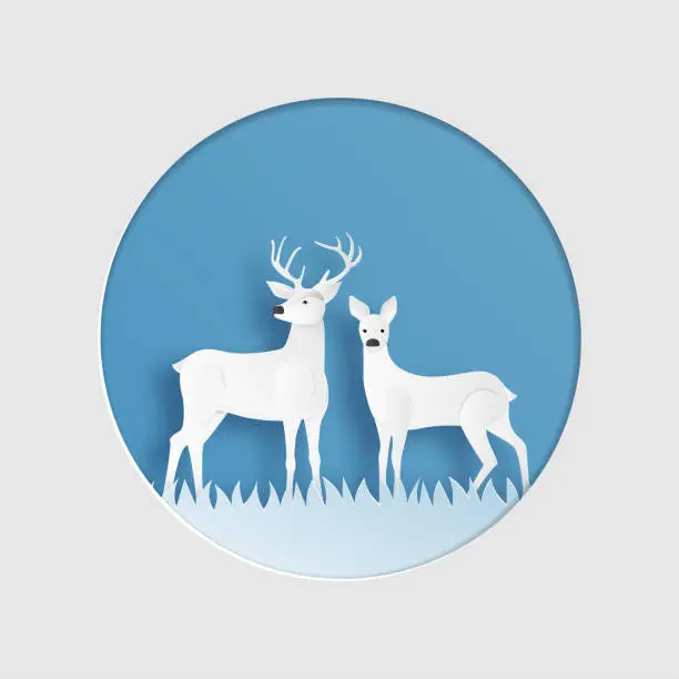 Vector illustration of Love couple of reindeer in winter grass field in paper cut style. Creative vector illustration Christmas celebration. Valentines day concept. Backdrop, Poster, Brochure, Banner, Flyer, Greeting car