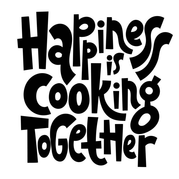Cooking class quotes Happiness is cooking together. Hand drawn illustrated lettering quote about food preparation. Cooking slogans handwritten black lettering. clip art of how to draw a train stock illustrations