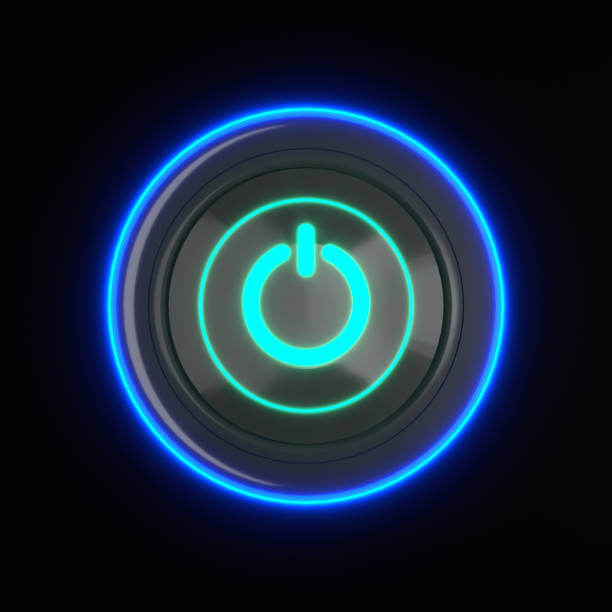 Power on black button with led lights Power on button turned on with green and blue led lights start button photos stock pictures, royalty-free photos & images