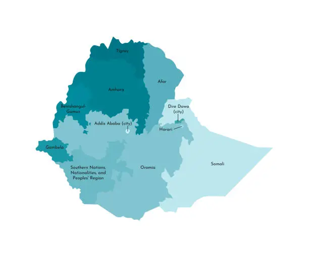 Vector illustration of Vector isolated illustration of simplified administrative map of Ethiopia. Borders and names of the regions. Colorful blue khaki silhouettes