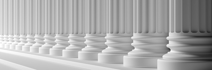Classic columns and stairs white color marble, banner. Court facade colonade. 3d illustration