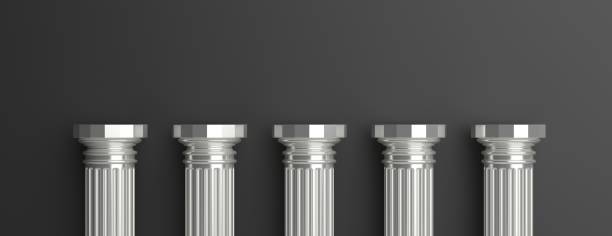 Five silver pillars against black wall background. 3d illustration Five columns, Silver ancient greek pillars half, against black wall background, banner, copy space. 3d illustration half past stock pictures, royalty-free photos & images