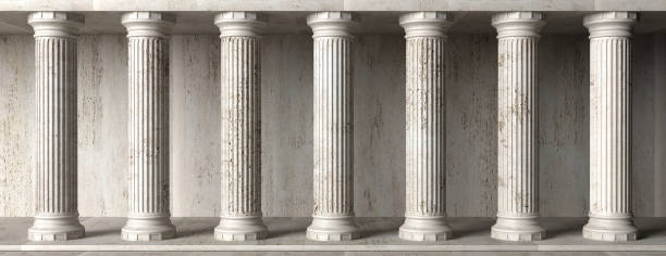 Classical building facade, stone marble columns. 3d illustration Classic Colums marble stone, banner. Pillars colonade, classical interior architecture, banner. 3d illustration architectural column stock pictures, royalty-free photos & images