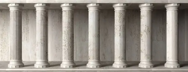 Classic Colums marble stone, banner. Pillars colonade, classical interior architecture, banner. 3d illustration