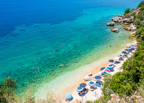 sun umbrellas, the sea,
Holiday in the sun, vacation background, Corfu, Greece.