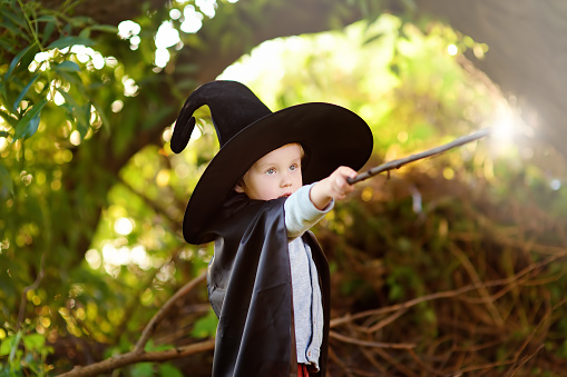 Little boy in pointed hat and black cloak playing with magic wand outdoors. Little wizard. Halloween concept
