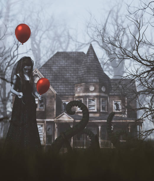 istock Ghost woman in black with red balloons 1163931489