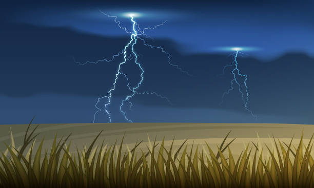 ilustrações de stock, clip art, desenhos animados e ícones de vector lightning and thunderstorm over the country autumn field. - grass area flash