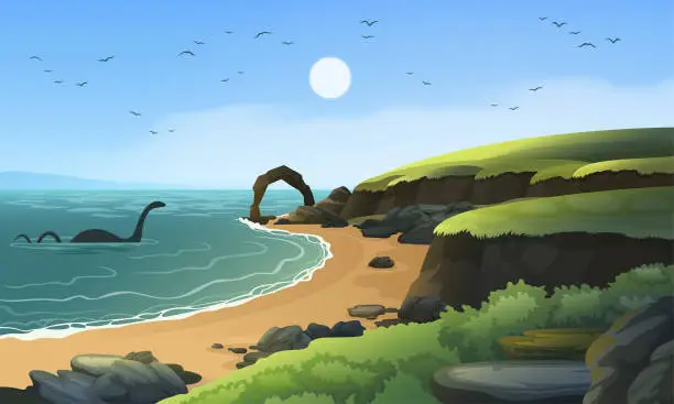 Vector illustration of Sandy beach with rocks and cliffs landscape. Loch Ness monster in the water, vector background.