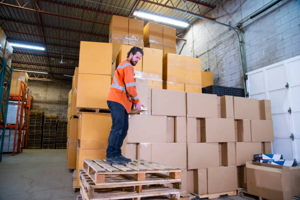 istock An industrial warehouse workplace safety topic.  An employee standing unsafely on a stack of pallets to reach higher placed boxes. 1163932081