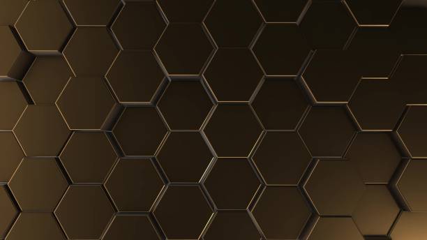 istock Gold hexagon geometry background. 3d illustration of simple primitives with six angles in front 1163933839