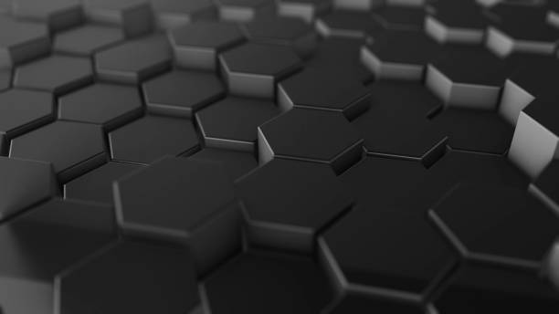istock Abstract dark hexagon geometry background. 3d illustration of simple primitives with six angles in front 1163934397