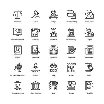 Law and justice line icons pack having charming visuals of your needs. Icons are editable that you can easily utilize in relevant niches