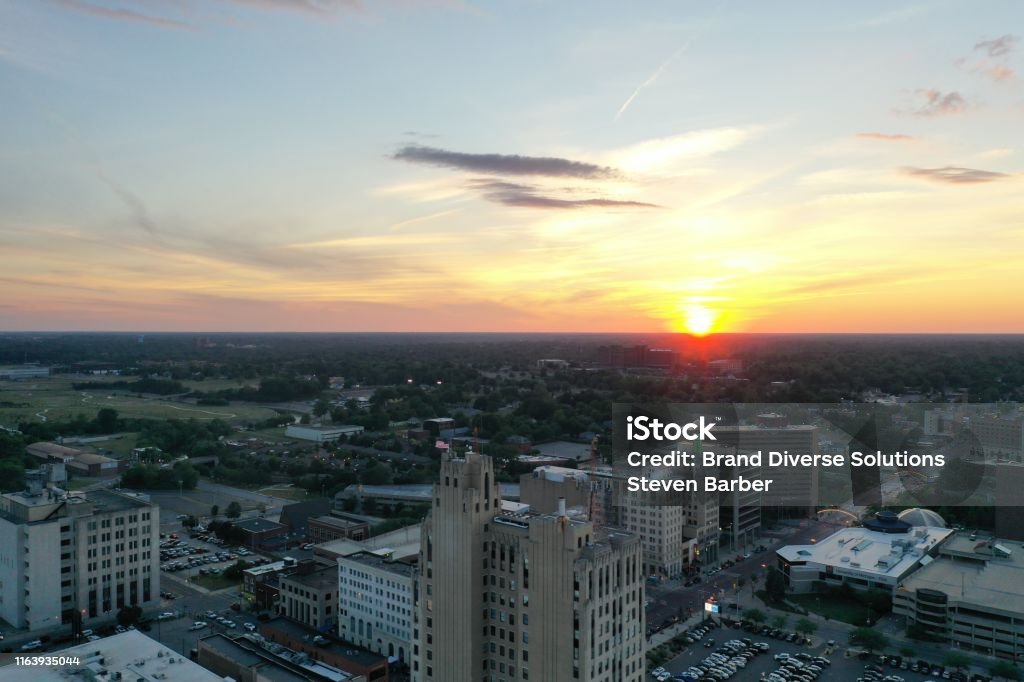 Downtown Flint Sunset capturing the City of Flint to the NW Flint - Michigan Stock Photo