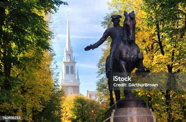 Paul Revere Statue And The Old North Church Boston Massachusetts Stock Photo - Download Image Now