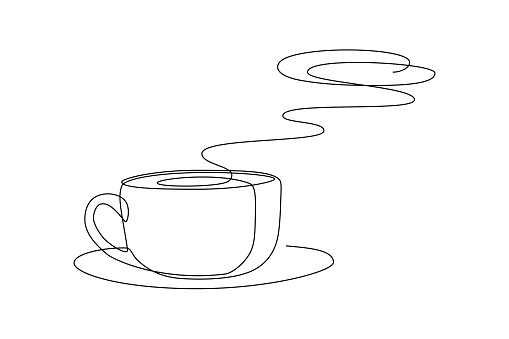 Hot coffee cup with aroma steam above in continuous line art drawing style. Black line sketch on white background. Vector illustration