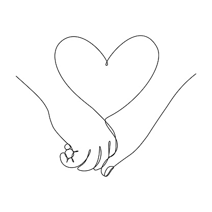 Couple holding hands together with heart symbol between. Love feelings. Vector illustration in continuous line art drawing style