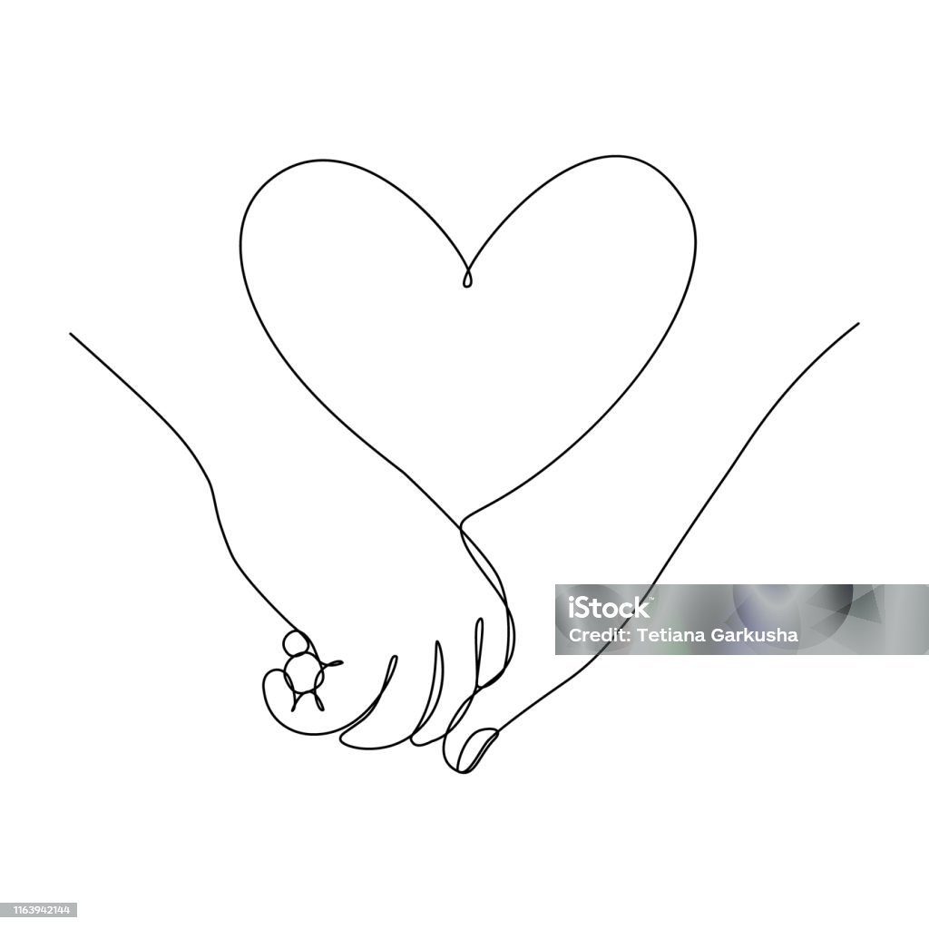 Couple hands together Couple holding hands together with heart symbol between. Love feelings. Vector illustration in continuous line art drawing style Heart Shape stock vector