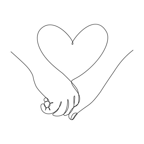 Couple hands together Couple holding hands together with heart symbol between. Love feelings. Vector illustration in continuous line art drawing style conceptual symbol illustrations stock illustrations