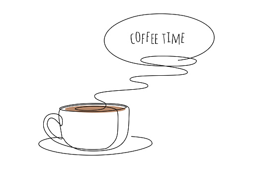 Hot coffee cup with aroma steam and coffee time text message in line art drawing style. Vector illustration