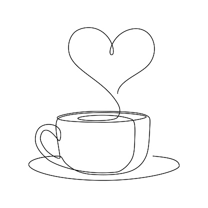 Hot coffee cup with heart shape aroma steam in continuous line art drawing style. Black line sketch on white background. Vector illustration