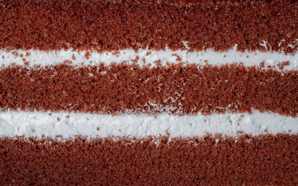 Macro close up of chocolate cake surface texture with layer white cream Macro close up of chocolate cake surface texture with layer white cream cake texture stock pictures, royalty-free photos & images