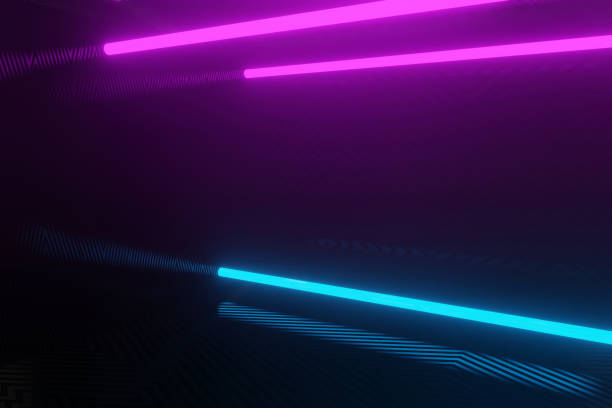 istock 3D rendering, glowing neon on blue and purple in dark texturing background 1163942966