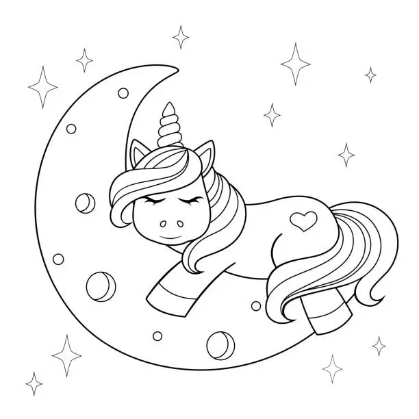 Vector illustration of Cute cartoon unicorn sleeping on the moon. Black and white illustration for coloring book