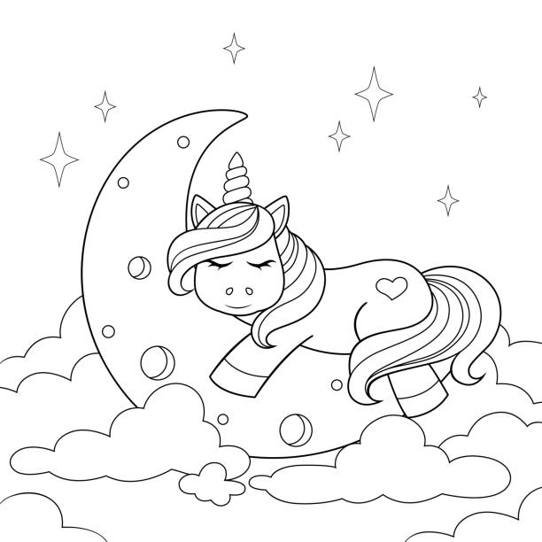 雲の中で月に眠るかわいい漫画のユニコーン。塗り絵用白黒イラスト - unicorn horse magic fairy tale点のイラスト素材／クリップアート素材／マンガ素材／アイコン素材