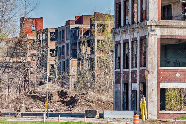 Buildings Of The Packard Motor Company Detroit, Michigan - April 28, 2019:  The back of the abandoned Packard Motor Company factory in Detroit is in ruins. detroit ruins stock pictures, royalty-free photos & images