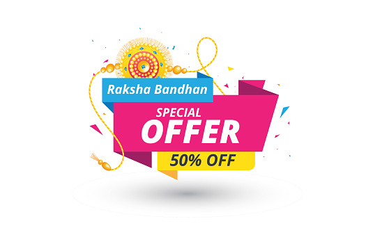 Indian Religious Festival Rakhi Offer Banner Design Template with 50% Discount Tag