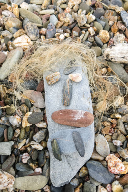 istock Simpatic face created on a beach with small stones and dried algae 1163952693