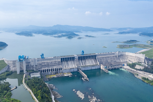 hubei danjiangkou reservoir landscape, dam with hydroelectric station, China