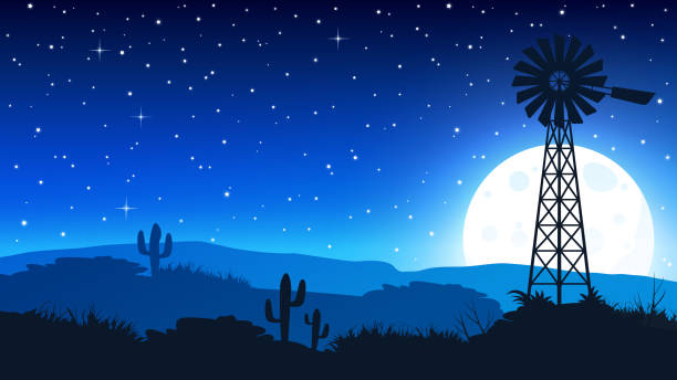 пустыня мохаве пейзаж в ночное время вектор фона. - nevada desert landscape cactus stock illustrations