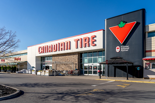 Richmond Hill, Ontario, Canada - October 30, 2018: Canadian Tire storefront. Canadian retail company sells a wide range of automotive, hardware, sports and leisure, and home products.