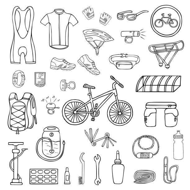 ilustrações, clipart, desenhos animados e ícones de ícones desenhados mão do equipamento e da roupa da bicicleta no vetor - short cycle