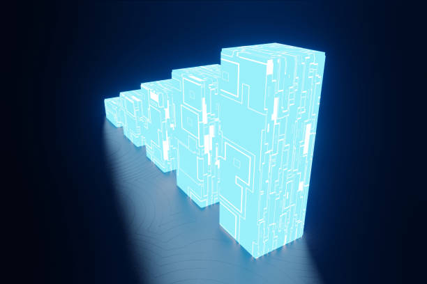 istock 3d render, abstract minimal background, glowing vertical  chart, blue neon lights, ultraviolet spectrum, virtual reality, laser show 1163955733