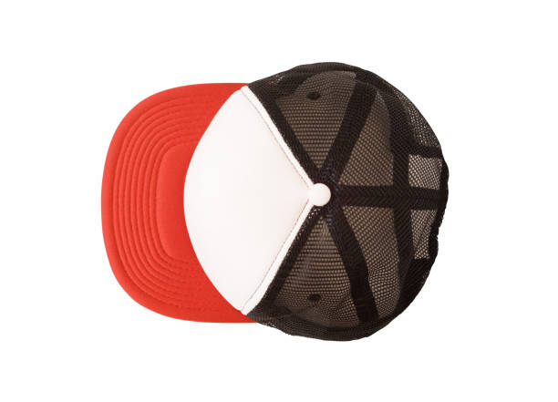 Mockup of baseball cap with black mesh and red visor.