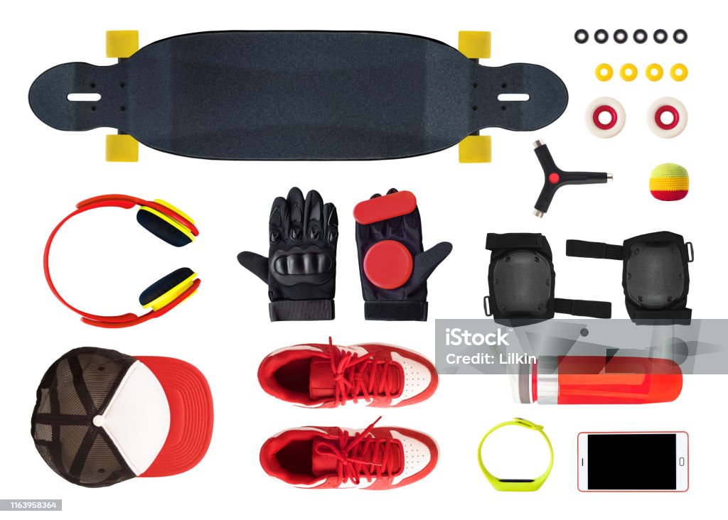indre Monica Ernest Shackleton Flat Lay Of Longboard Equipment And Accessories Isolated Stock Photo -  Download Image Now - iStock