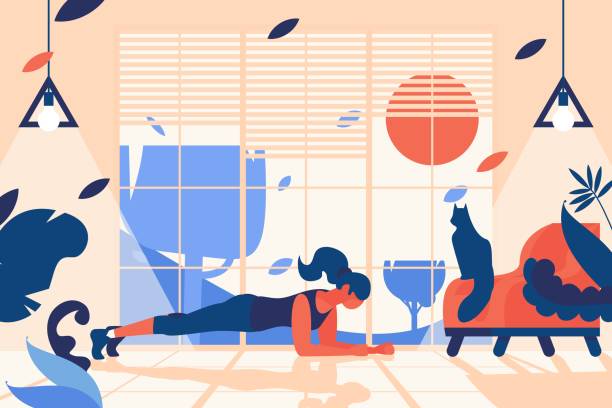 ilustraciones, imágenes clip art, dibujos animados e iconos de stock de escena interior con mujer haciendo posición de tablón. gimnasio casero frente a la ventana, con silla elegante y gato sentado. ilustración plana en interiores para un estilo de vida deportivo saludable. - young women people actions concepts and ideas