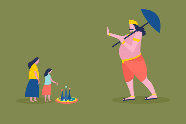 King Mahabali gives blessing to small kids, Concept for Onam festival of Kerala, India. King Mahabali gives blessing to small kids, Concept for Onam festival of Kerala, India. pookalam stock illustrations