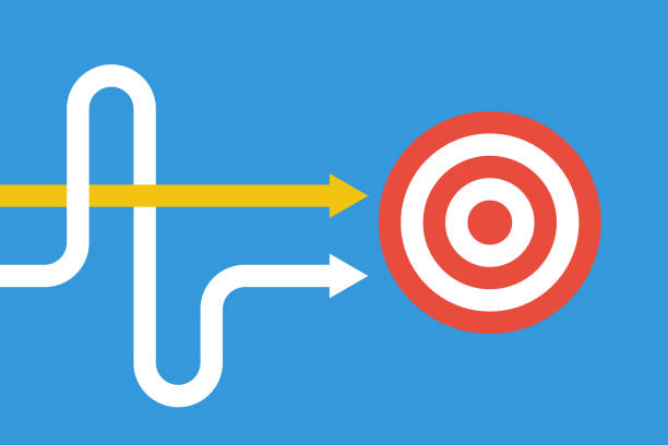 zwei wege zum gleichen ziel, ein direkter weg, zweiter komplizierter weg - marketing target bulls eye arrow stock-grafiken, -clipart, -cartoons und -symbole