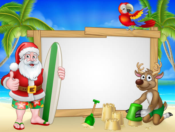 ilustrações, clipart, desenhos animados e ícones de santa christmas surf 2018 a2-04 [convertido] - beach sunlight surfboard santa claus