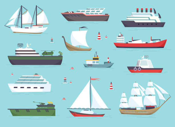 ilustrações, clipart, desenhos animados e ícones de navios no mar, barcos de transporte, ícones do vetor do transporte do oceano ajustados - fishing industry fishing nautical vessel buoy