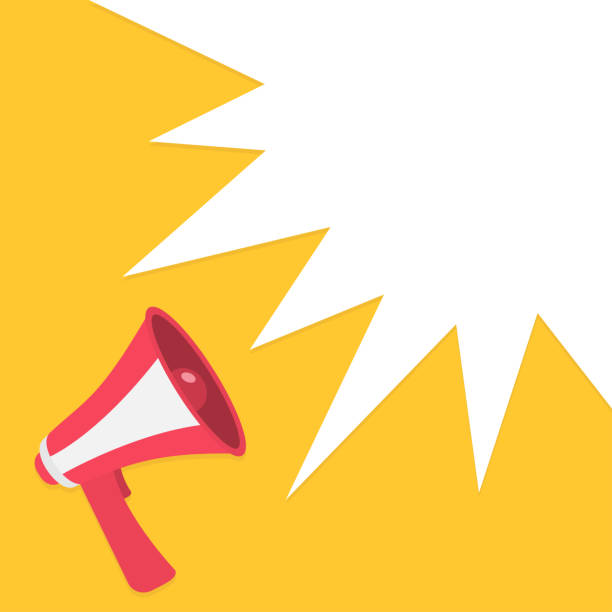 istock Megaphone, speaker, loudspeaker round icon. Announcement sign symbol in the corner. Star speech talking bubble template. Flat design. Red color. Yellow background. Isolated. 1163964660