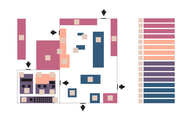 Vector editable map or floor plan isolated on a white background. Suitable as a map of campus, office, production hall, festival, shopping mall, work place or event with fields for logos or titles. Vector map or floor plan in red, pink, orange, blue and violet color with fields for logos or titles. majkav stock illustrations