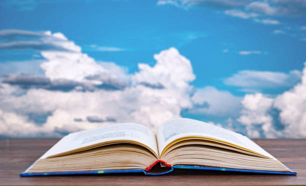 istock detailed book on a background of blue sky with white clouds 1163968818