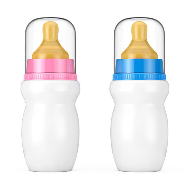 istock Empty Blank Pink and Blue Baby Milk Bottles with Cap and Pacifier Mock Up. 3d Rendering 1163971473