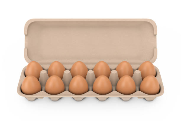 istock Fresh Chicken Beige Eggs in Carton Package Box Container. 3d Rendering 1163971550